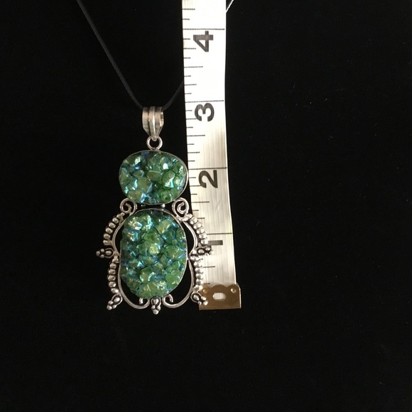 GREEN DRUZY LARGE STERLING SILVER PENDANT WITH FREE BLACK SILK CHAIN W/EXTENDER - Picture 2 of 7